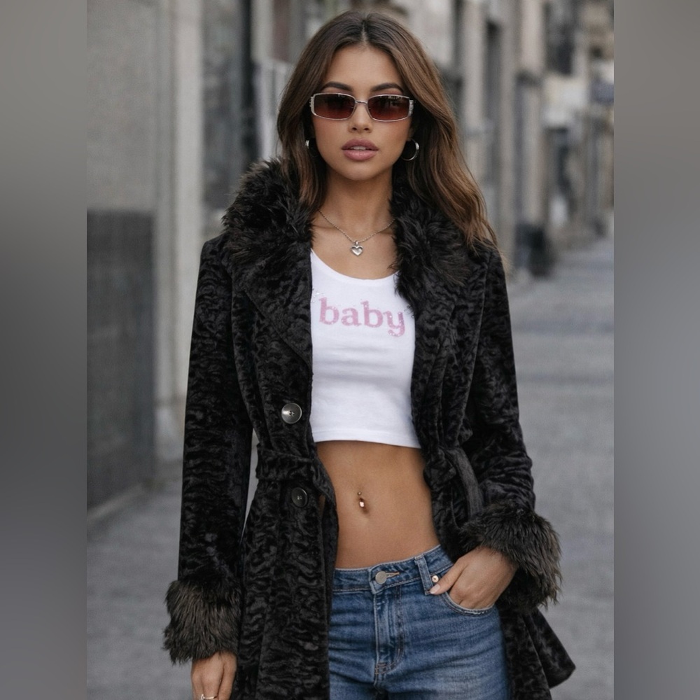 Y2K Penny Lane Black Velvet Faux Fur Trim Jacket Small